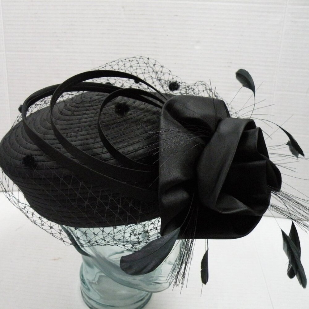 KAKYCO Black Pillbox Feather Flower Hat